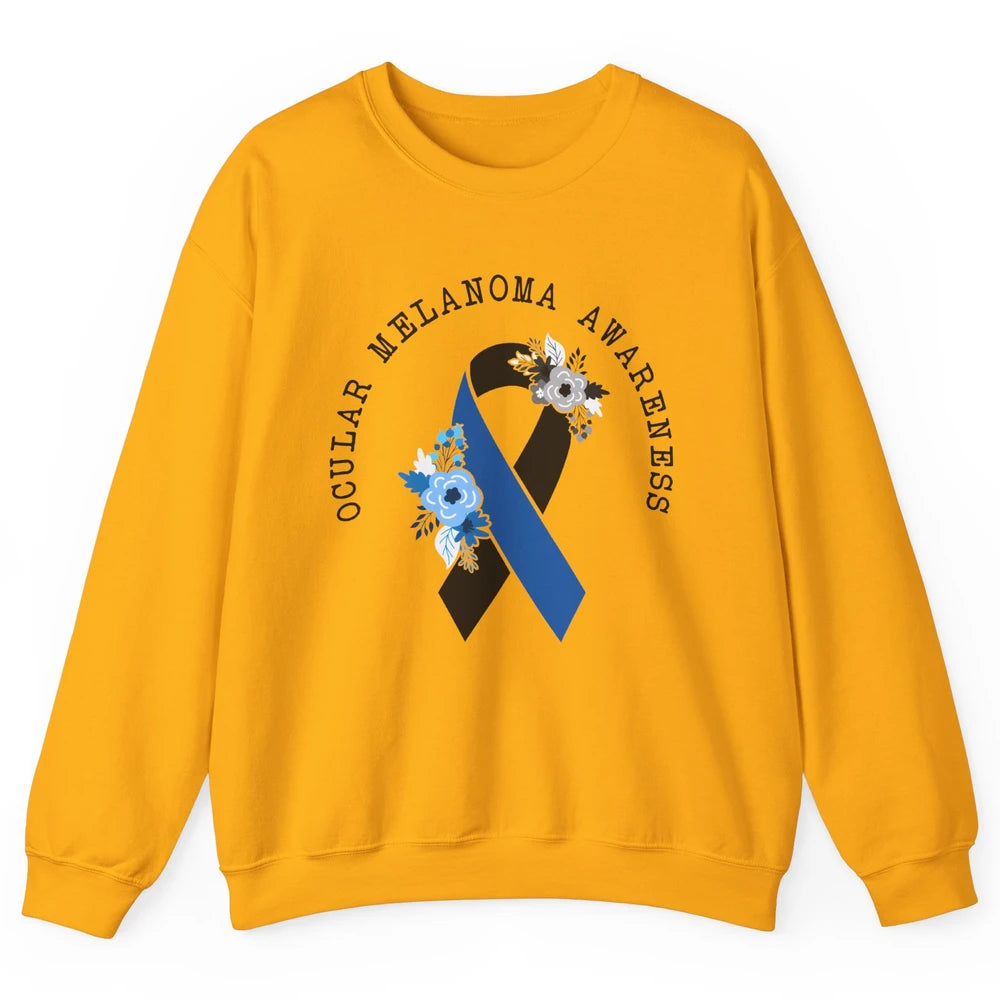 Ocular Melanoma Awareness Floral Black Blue Ribbon Rainbow Unisex Crewneck Sweatshirt