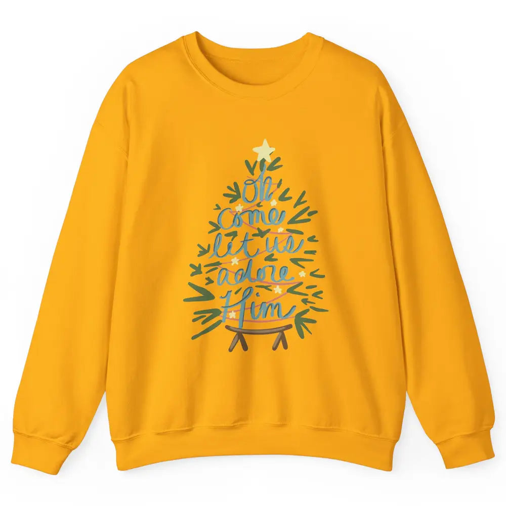 Oh Come Let Us Adore Him Groovy Christmas Tree Church Xmas Unisex Crewneck Sweatshirt