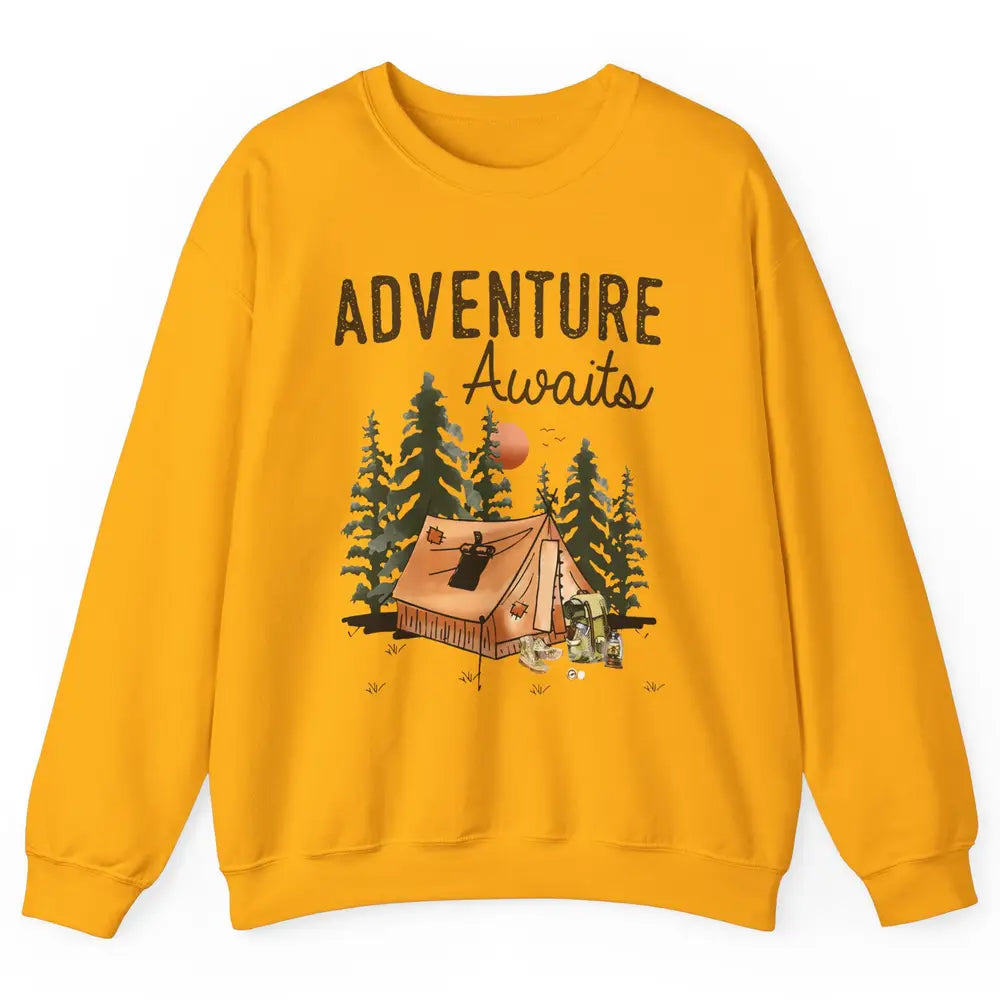 Retro Camping Tent Mountain Sunset Adventure Awaits Campers Unisex Crewneck Sweatshirt