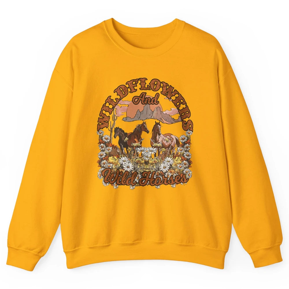 Retro Floral Desert Wildflowers Wild Horses Western Country Unisex Crewneck Sweatshirt