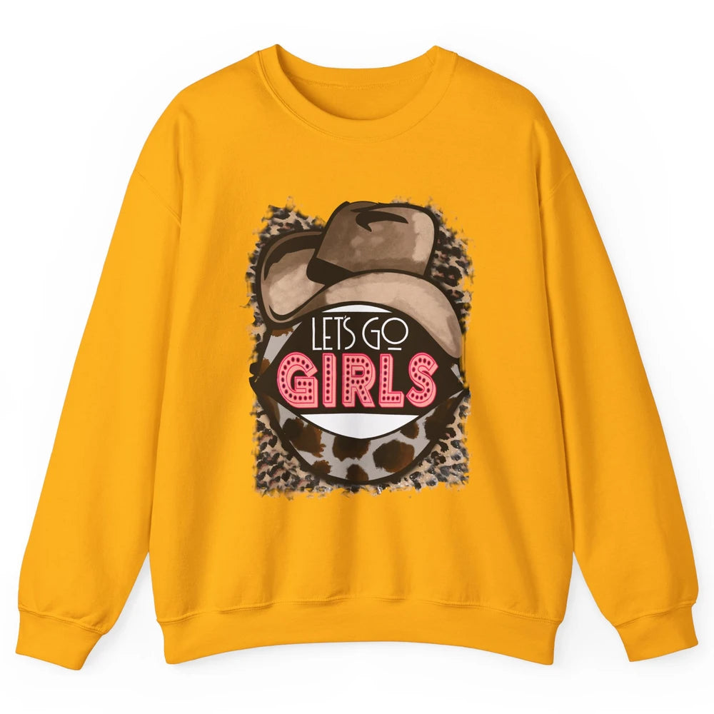 Retro Leopard Cowboy Hat Let's Go Girls Western Cowgirls Unisex Crewneck Sweatshirt