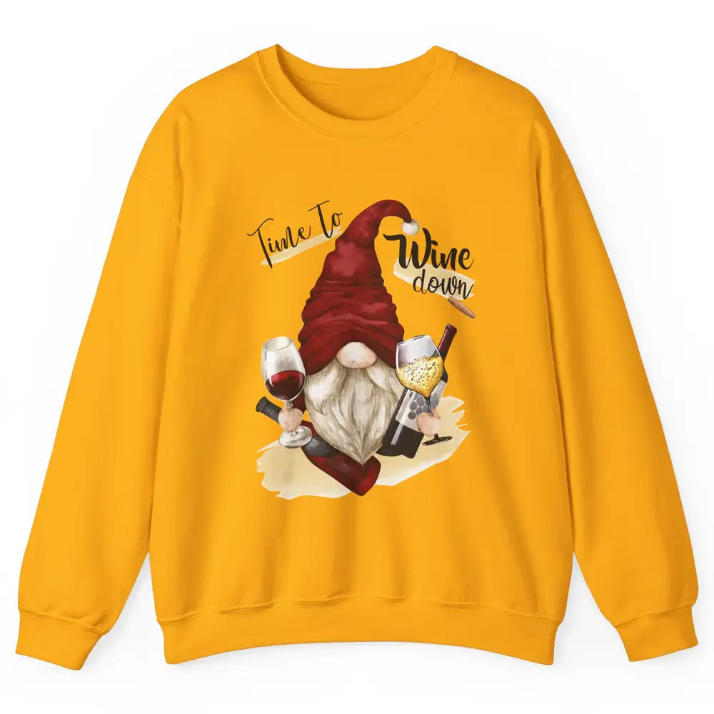 Christmas Gnome Wine It's Time to Wine Down Winter Holiday Unisex Crewneck Sweatshirt