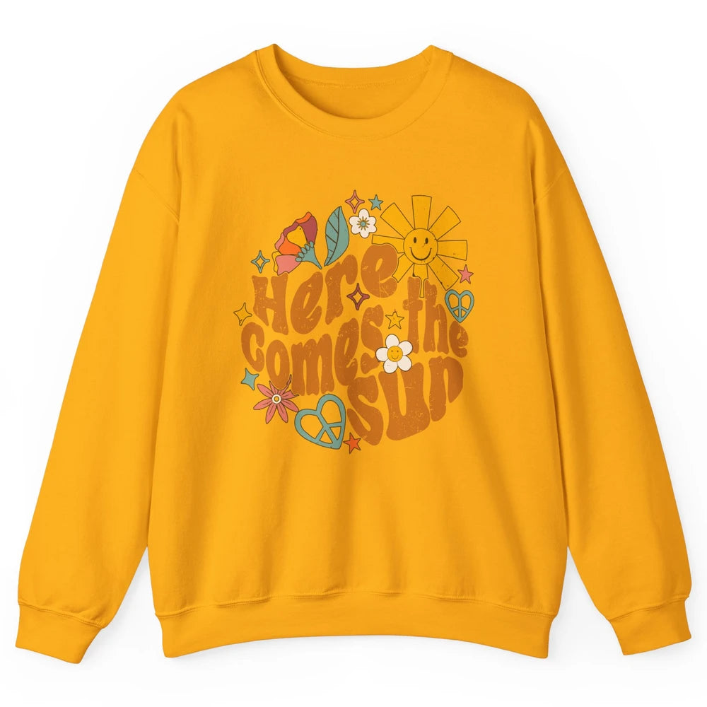 Retro Daisy Rainbow Sunrise Here Comes The Sun Hippie Girl Unisex Crewneck Sweatshirt