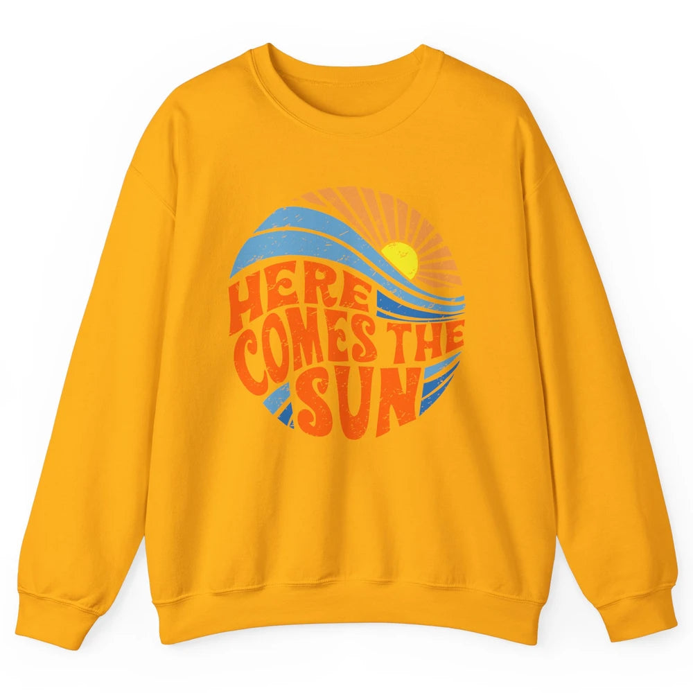 Retro Rainbow Sunrise Here Comes The Sun Hippie Girl Unisex Crewneck Sweatshirt