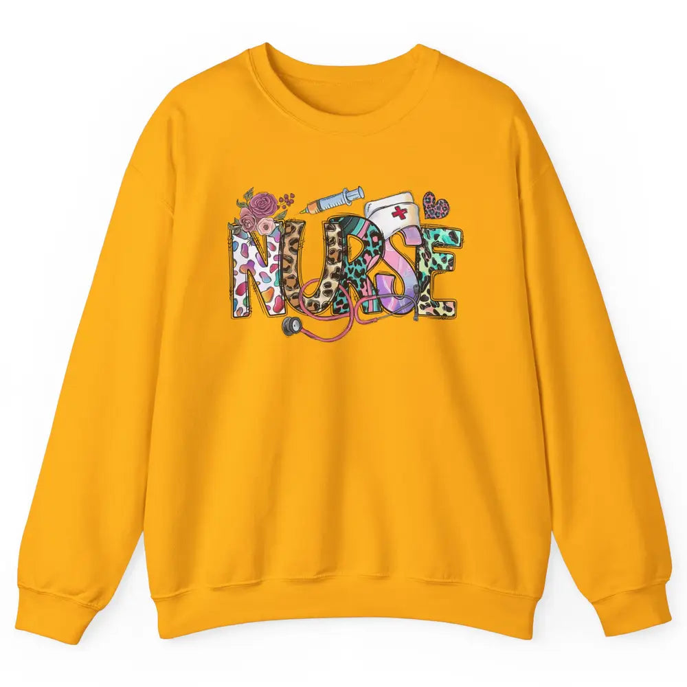 Nurse Life Nursing Registered Therapist Leopard Flower Boho Unisex Crewneck Sweatshirt