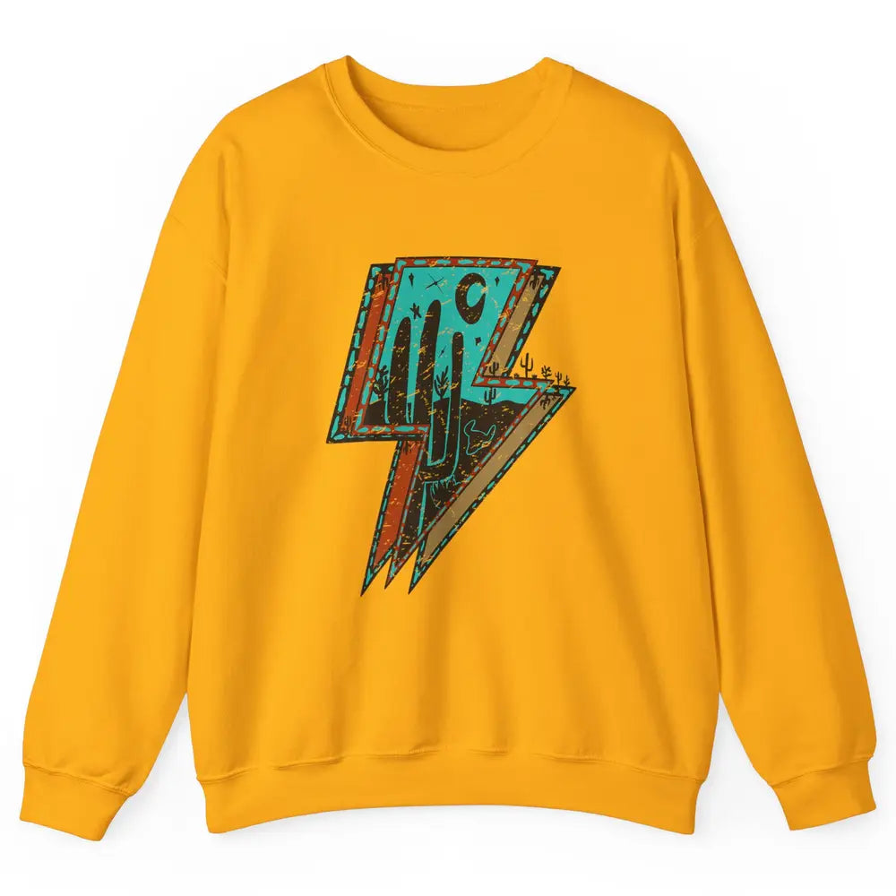 Retro Desert Cactus Night Turquoise Lightning Bolt Western Unisex Crewneck Sweatshirt