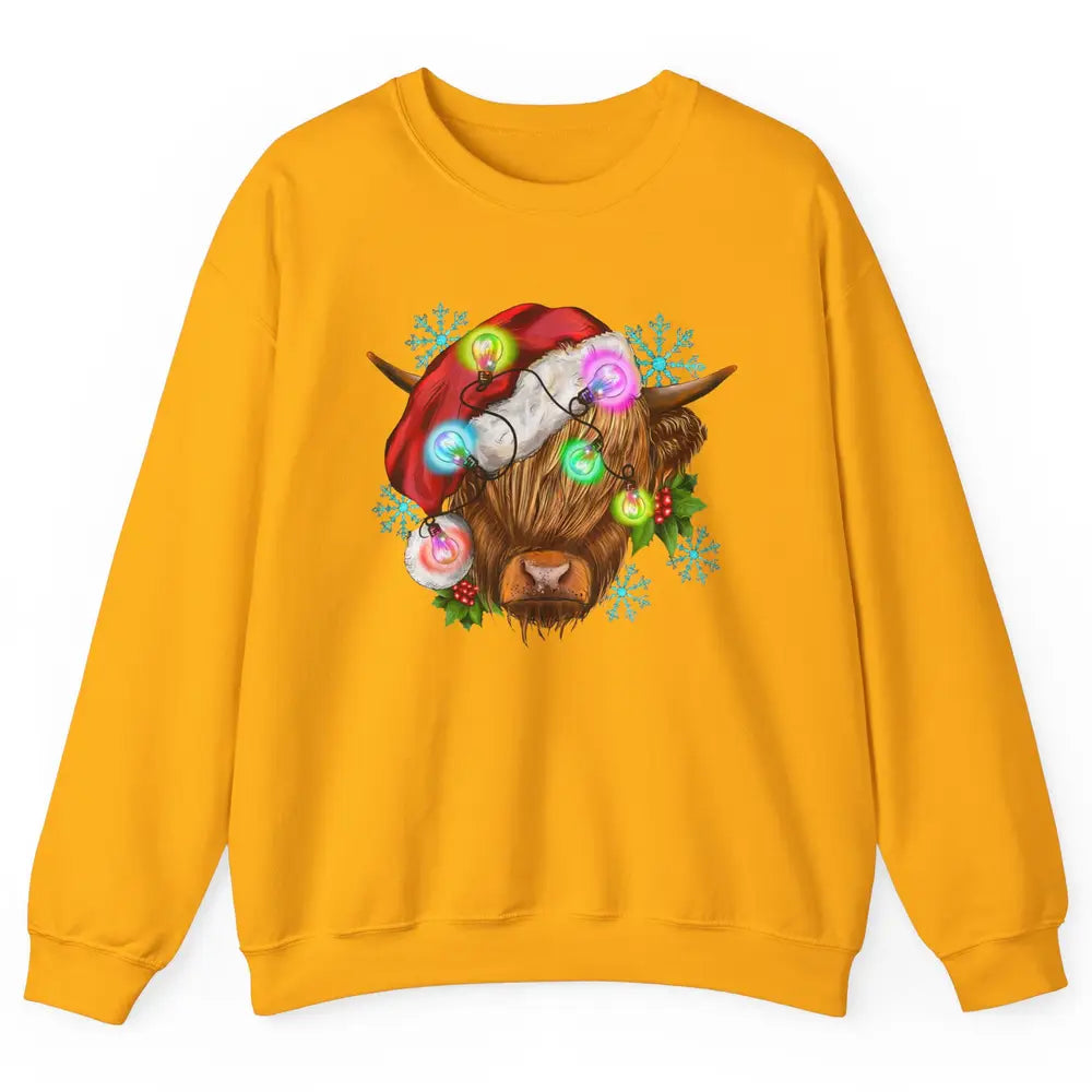 Christmas Highland Cow Xmas Light Western Christmas Cow Unisex Crewneck Sweatshirt