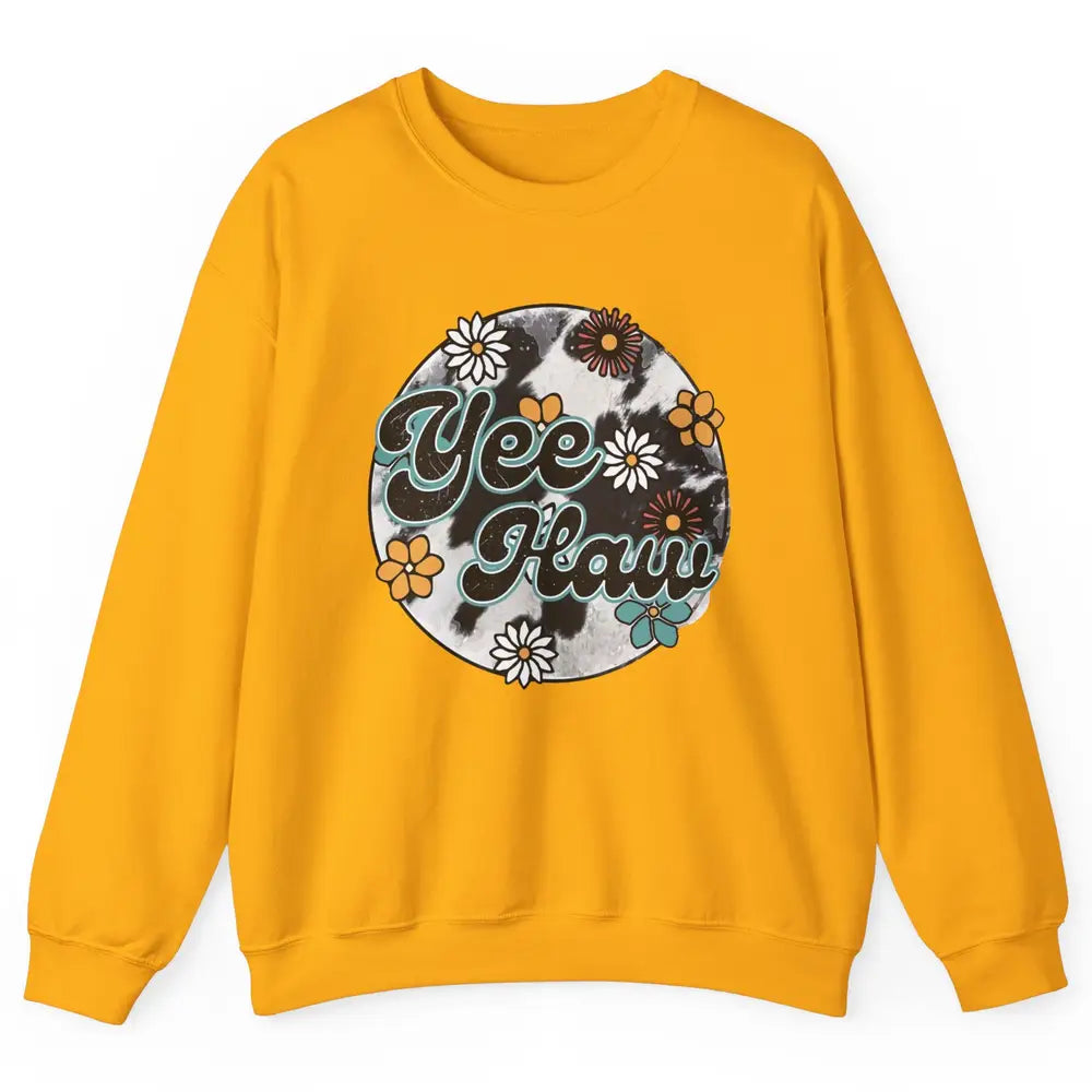 Retro Groovy Daisy Yee Haw Cowhide Western Country Cowgirl Unisex Crewneck Sweatshirt