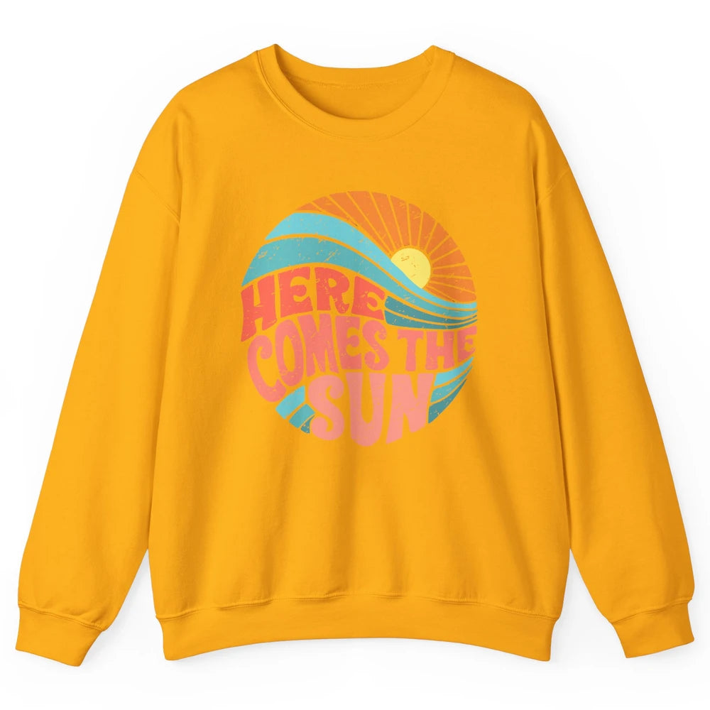 Retro Rainbow Sunrise Here Comes The Sun Hippie Girl Unisex Crewneck Sweatshirt