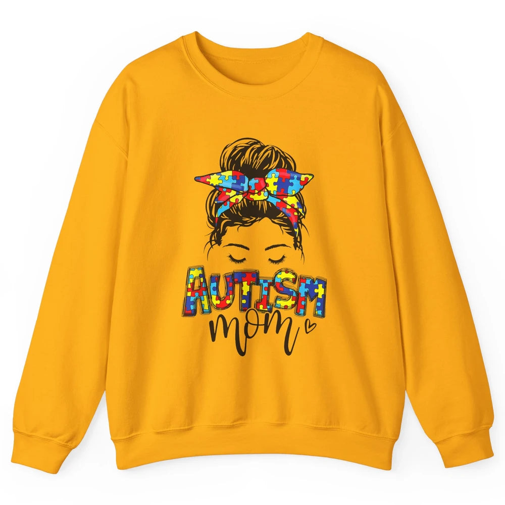 Autism Mom Messy Bun Hair Autism Awareness Puzzle Headband Unisex Crewneck Sweatshirt