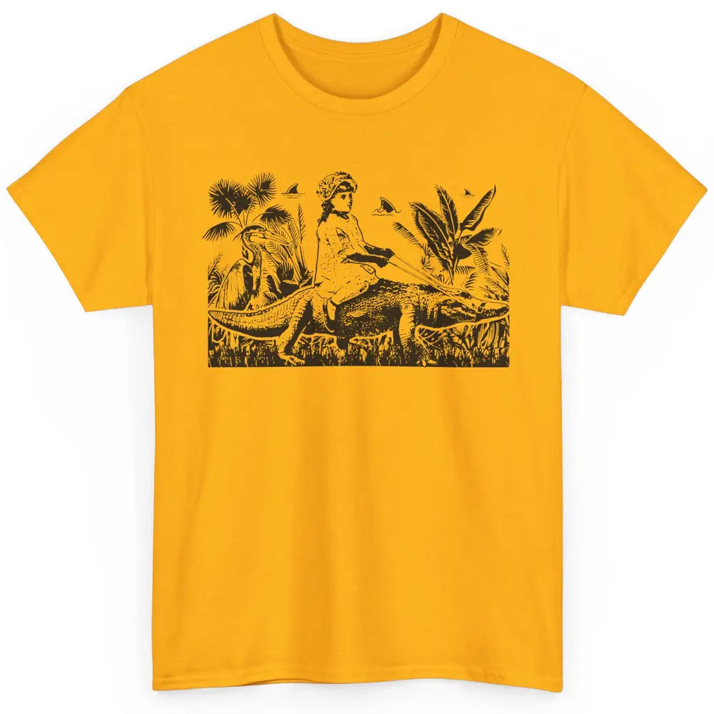 Retro Florida Tropical Land Girl Riding Alligator Summer Classic Unisex T-Shirt