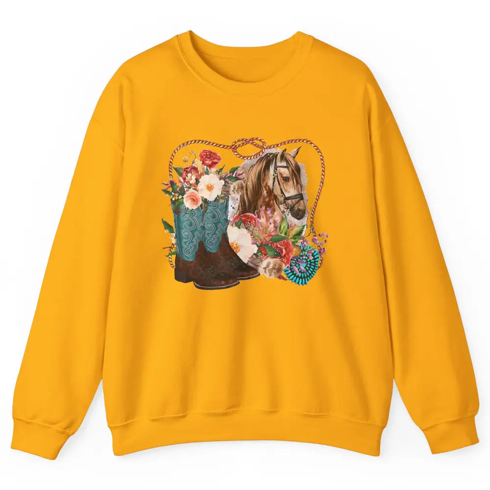 Retro Floral Cowboy Boots And Horse Western Country Cowgirl Unisex Crewneck Sweatshirt