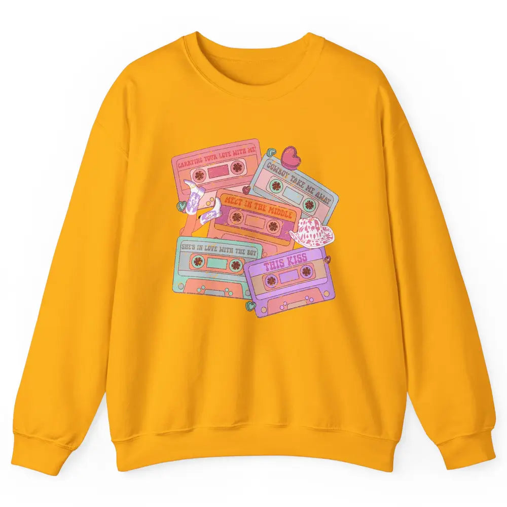 Retro Cowgirl Cassette 90s Western Country Boots Music Boho Unisex Crewneck Sweatshirt