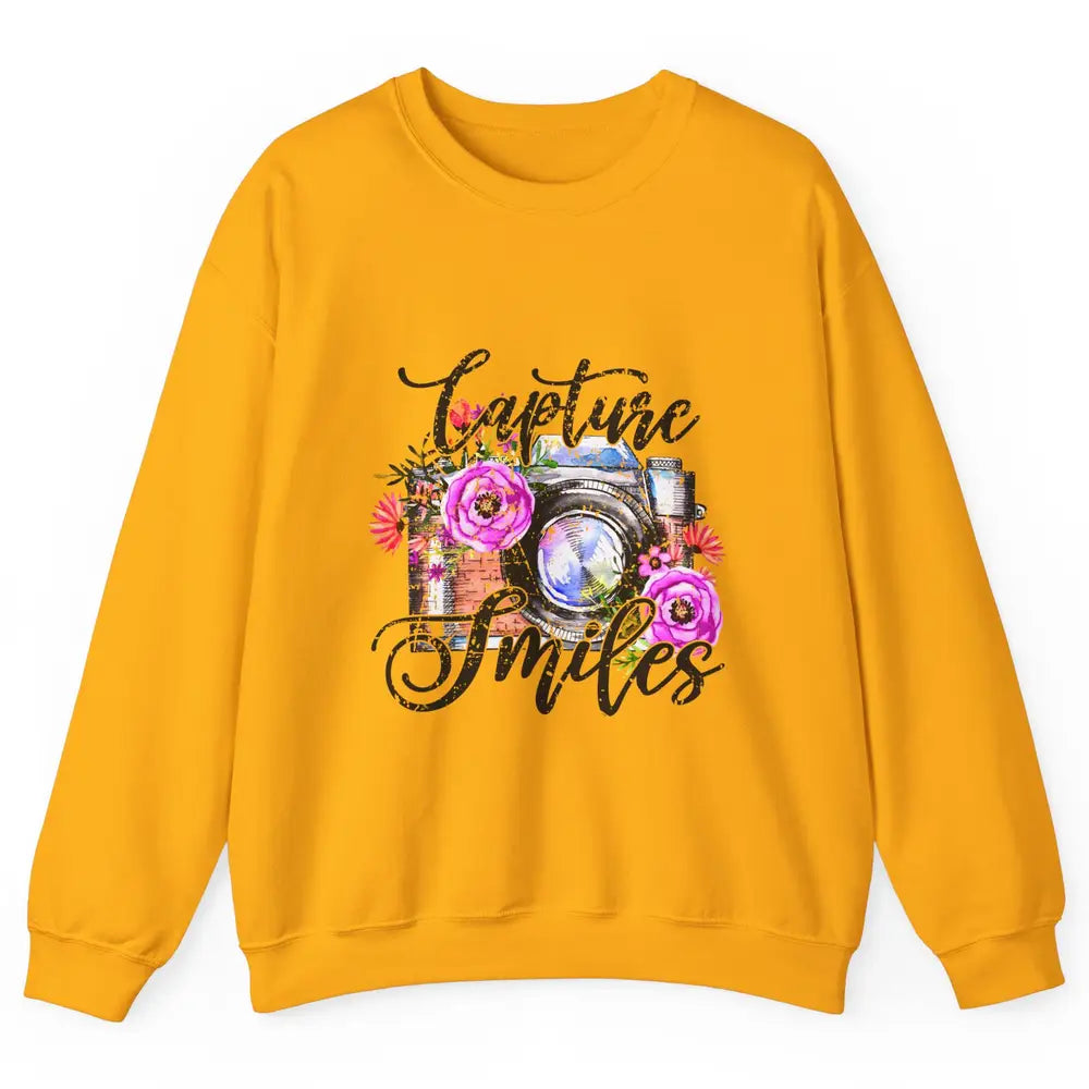 Photography Day Capture Smiles Retro Floral Camera Traveller Unisex Crewneck Sweatshirt