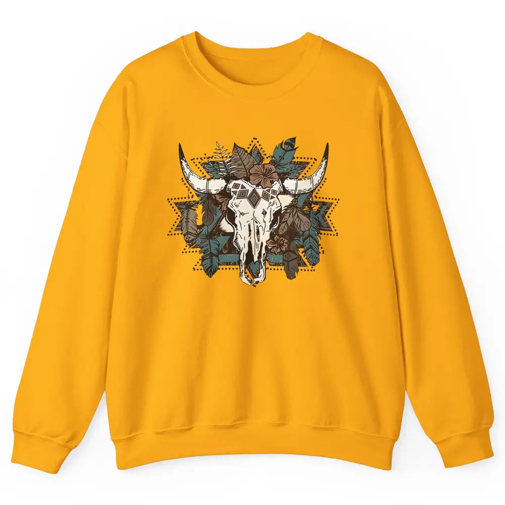 Retro Boho Bull Skull Aztec Desert Cactus Western Country Unisex Crewneck Sweatshirt