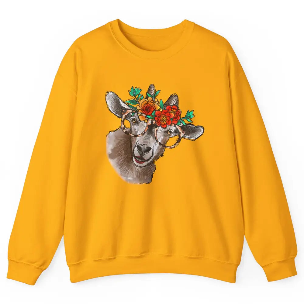 Retro Goat Glasses Flower Goat Girl Goat Lovers Gift Unisex Crewneck Sweatshirt
