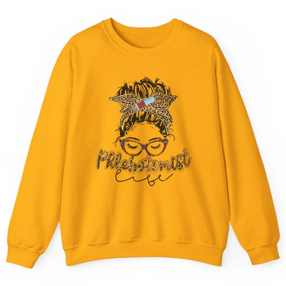 Retro Leopard Phlebotomist Life Messy Bun Mom Phlebotomy Unisex Crewneck Sweatshirt