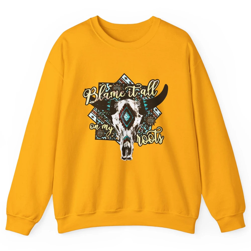 Retro Boot Blame It All On My Root Cow Skull Western Cowboy Unisex Crewneck Sweatshirt