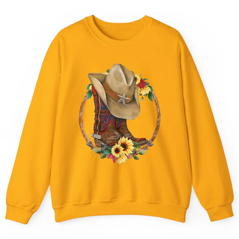 Retro Cowboy Boots Sunflower Let's Go Girls Western Cowgirls Unisex Crewneck Sweatshirt