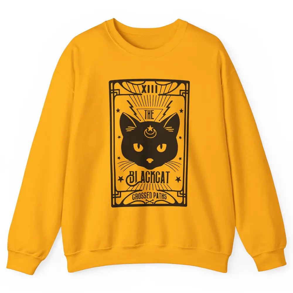 Retro Halloween Black Cat Crossed Path Tarot Card Witchcraft Unisex Crewneck Sweatshirt