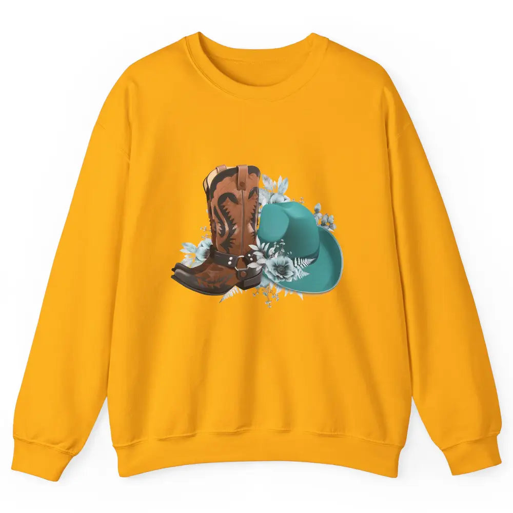 Retro Cowgirl Floral Turquoise Cowboy Boots Rodeo Western Unisex Crewneck Sweatshirt
