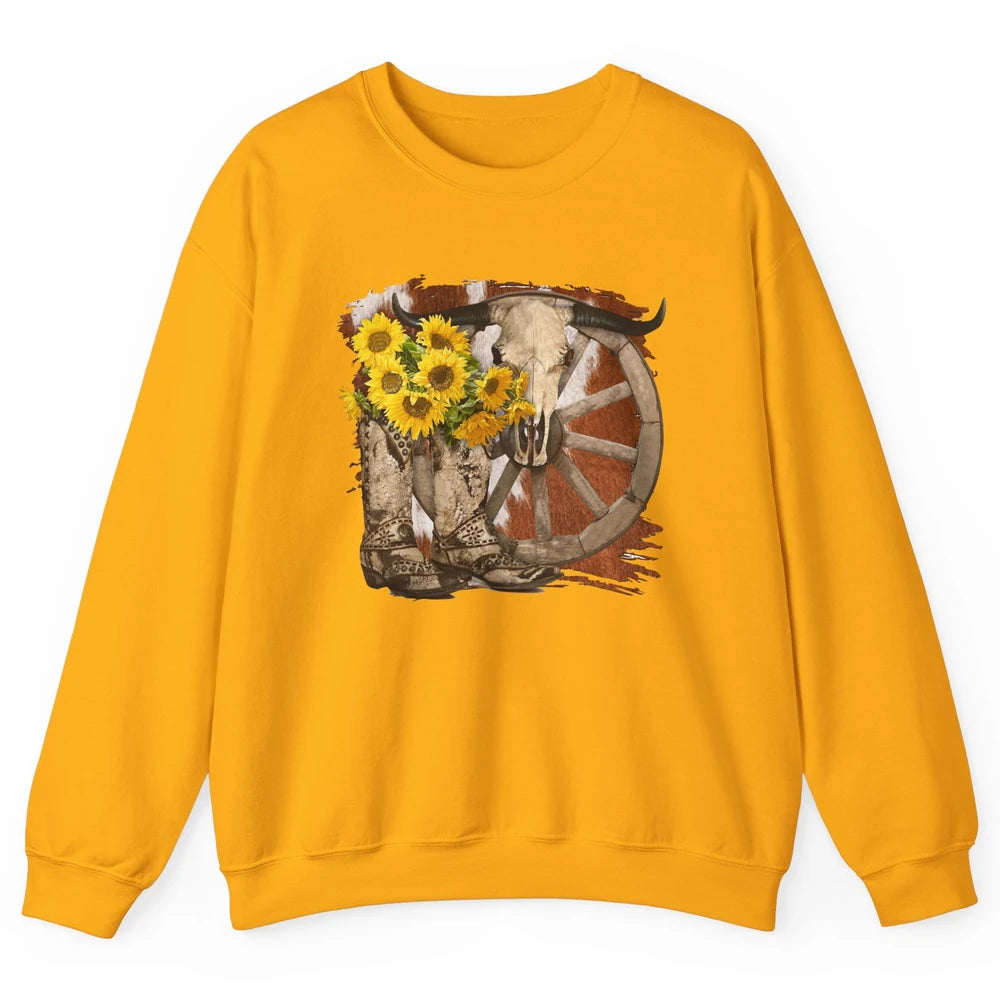 Retro Sunflower Cowgirl Boots Cow Skull Western Country Girl Unisex Crewneck Sweatshirt