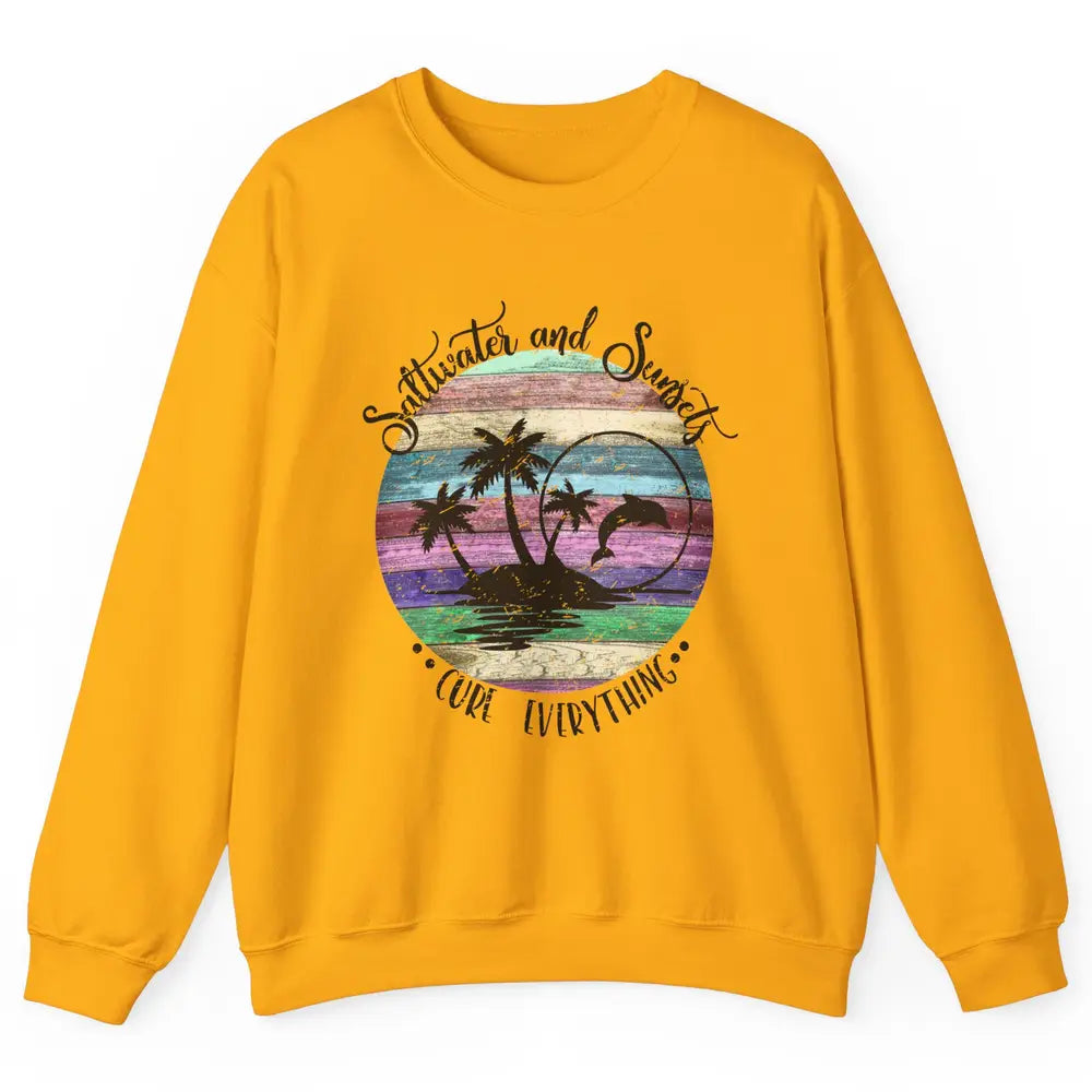 Retro Beach Sunset Saltwater and Sunsets Cure Everything Unisex Crewneck Sweatshirt