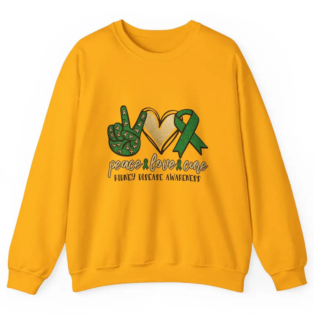 Peace Love Cure Kidney Disease Awareness Green Ribbon Heart Unisex Crewneck Sweatshirt