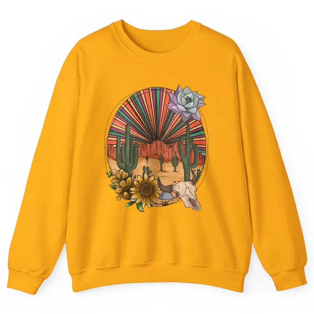 Retro Desert Western Cowboy Boho Skull Cactus Country Cowboy Unisex Crewneck Sweatshirt
