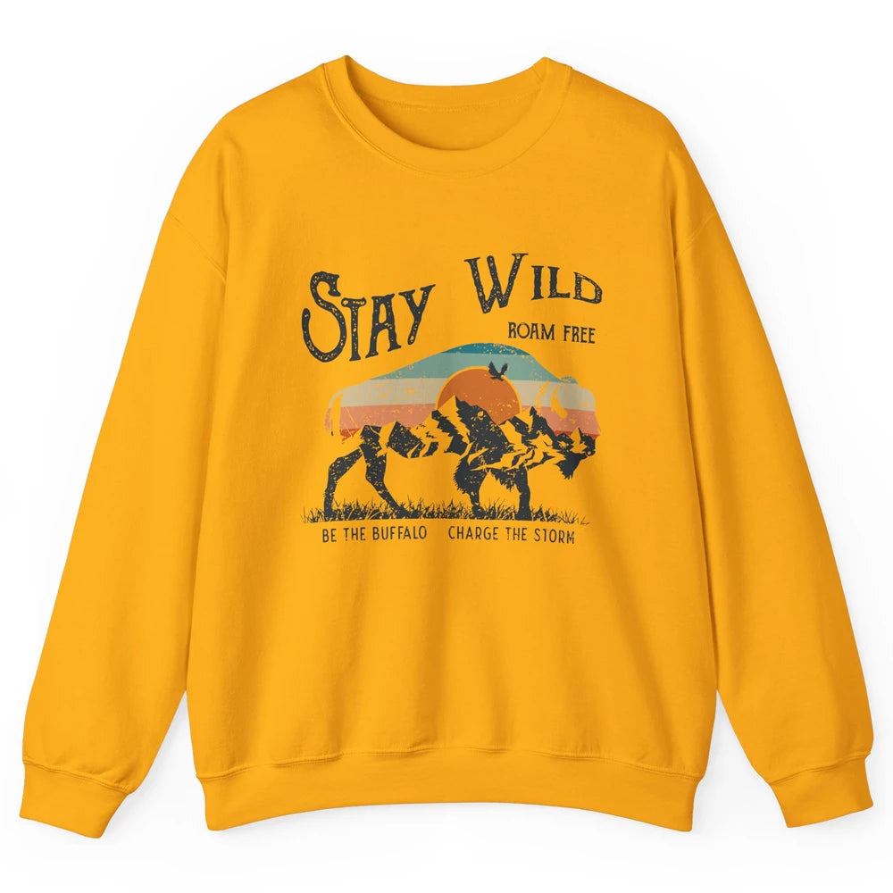 Retro Buffalo Mountain Sunset Stay Wild Roam Free Western Unisex Crewneck Sweatshirt