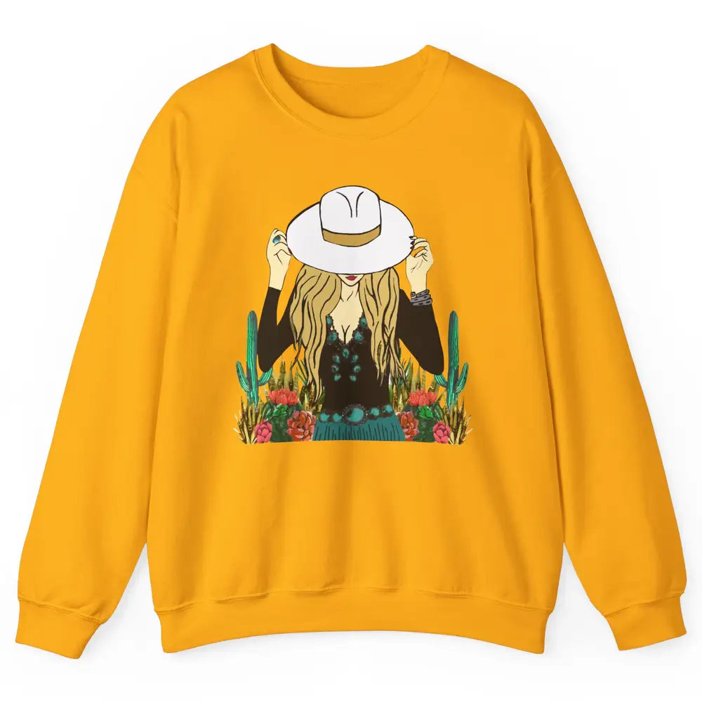 Retro Blonde Cowgirl Punchy Cowhide Turquoise Western Cowboy Unisex Crewneck Sweatshirt