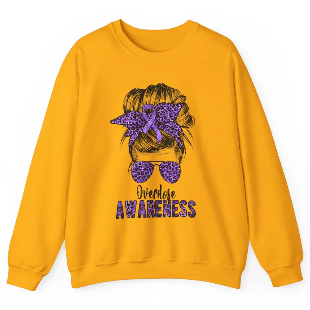 Overdose Awareness Messy Hair Bun Purple Leopard Warrior Unisex Crewneck Sweatshirt