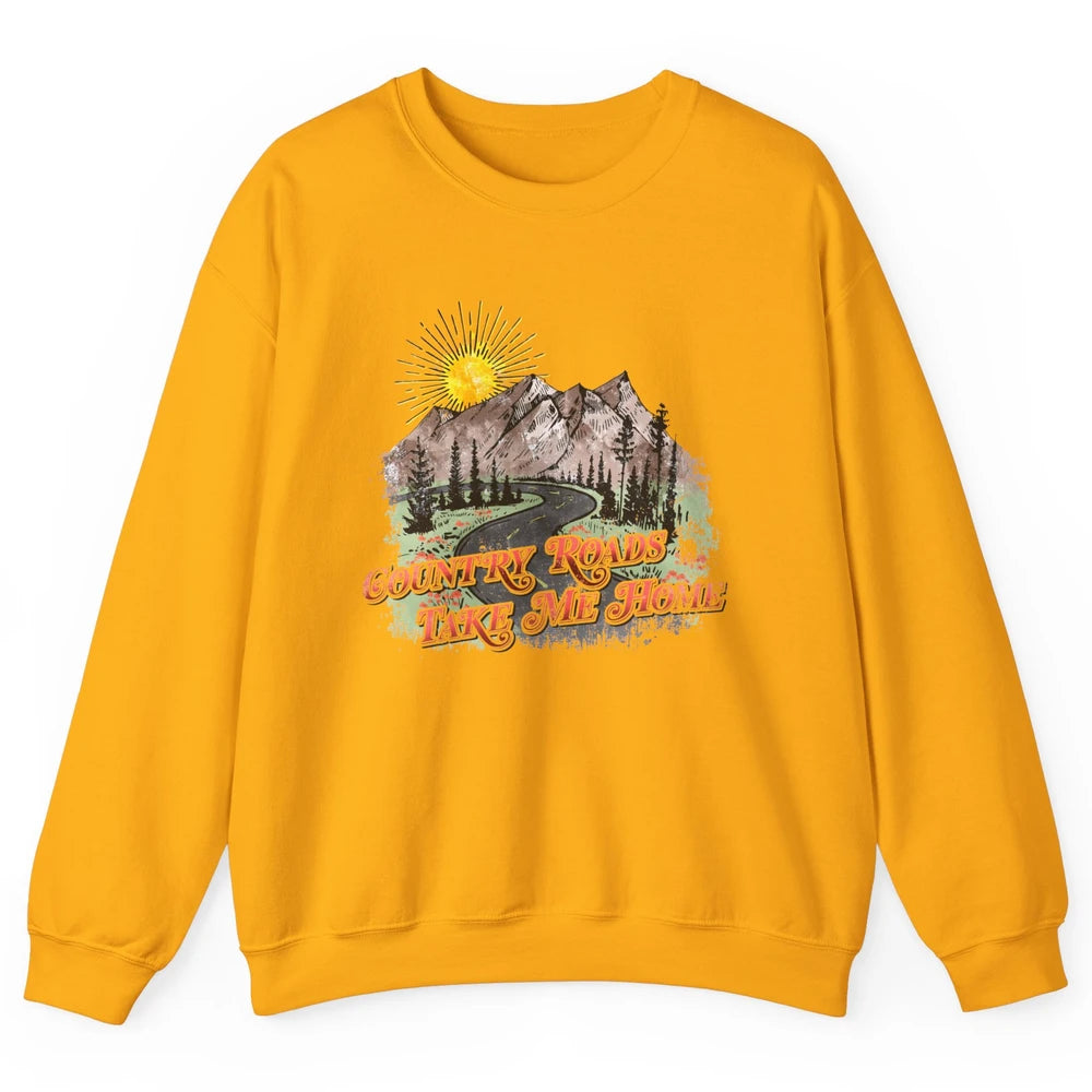 Retro Mountain Sunset Country Roads Take Me Home Western Unisex Crewneck Sweatshirt