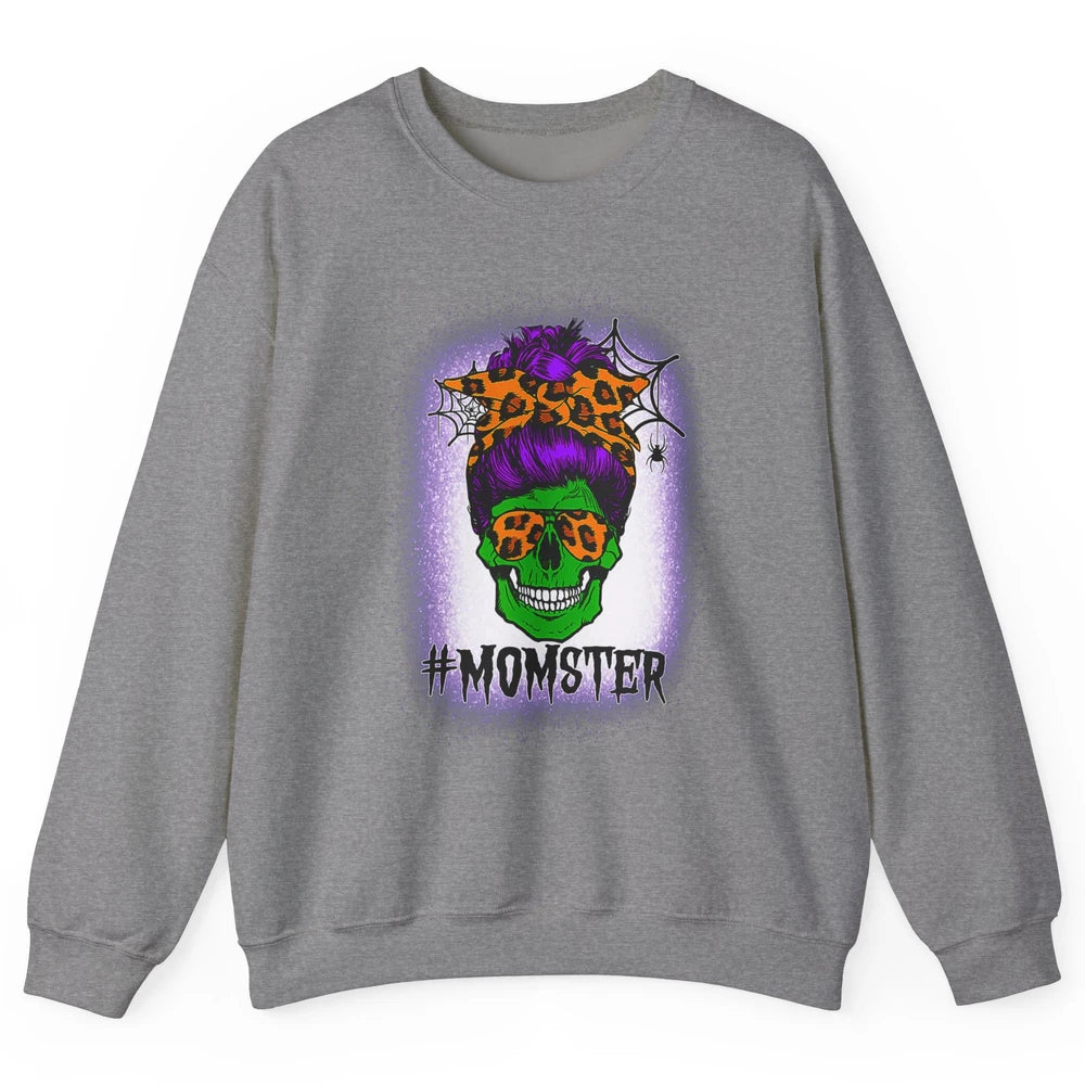 Retro Momster Messy Bun Skull Mom Halloween Spooky Mama Goth Unisex Crewneck Sweatshirt