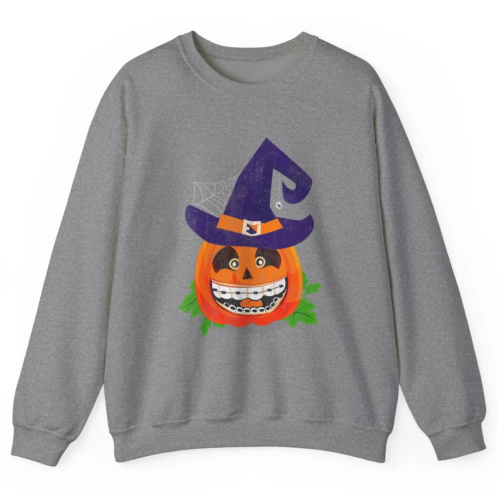 Pumpkin Witch Teeth Braces Dental Dentist Halloween Spooky Unisex Crewneck Sweatshirt