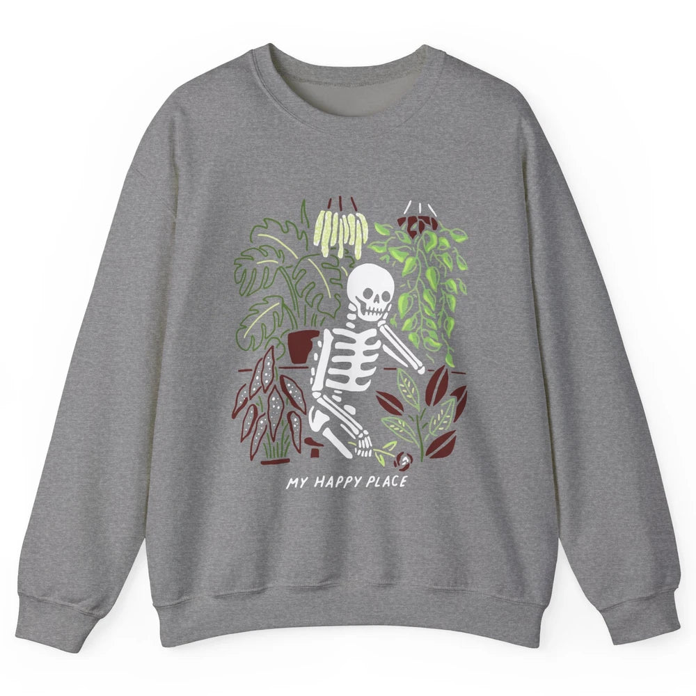 Retro Funny Skeleton Gardening My Happy Place Plant Lovers Unisex Crewneck Sweatshirt