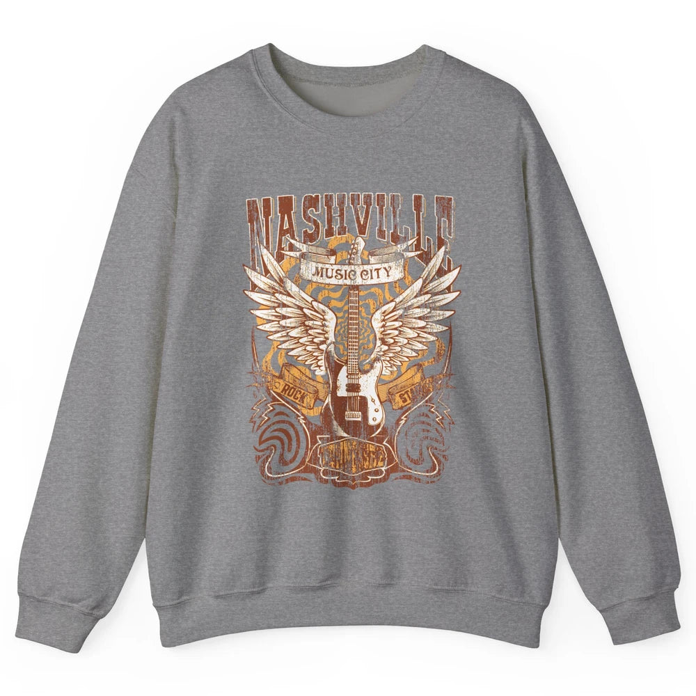 Retro Guitar Nashville Music City Western Country Music Unisex Crewneck Sweatshirt