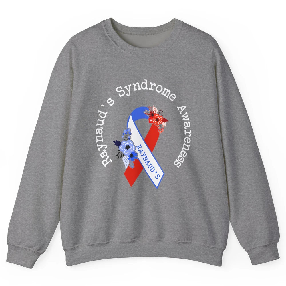 Raynaud's Syndrome Awareness Support Floral Red Blue Ribbon Unisex Crewneck Sweatshirt