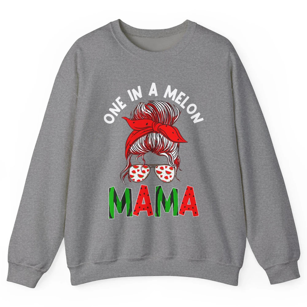 One In A Melon Mama Messy Bun Watermelon Summer Fruit Mother Unisex Crewneck Sweatshirt