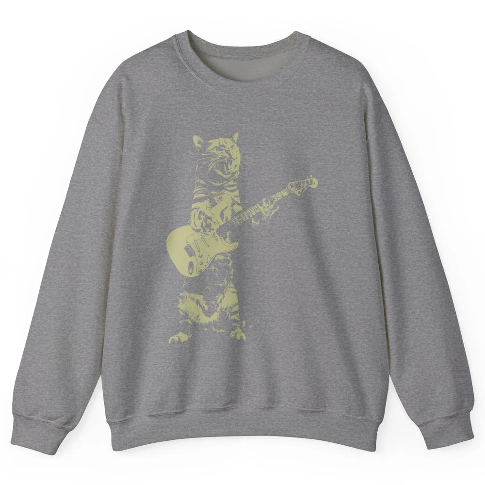 Retro Cat Playing Guitar Cat Guitarist Music Lovers Cat Mom Unisex Crewneck Sweatshirt
