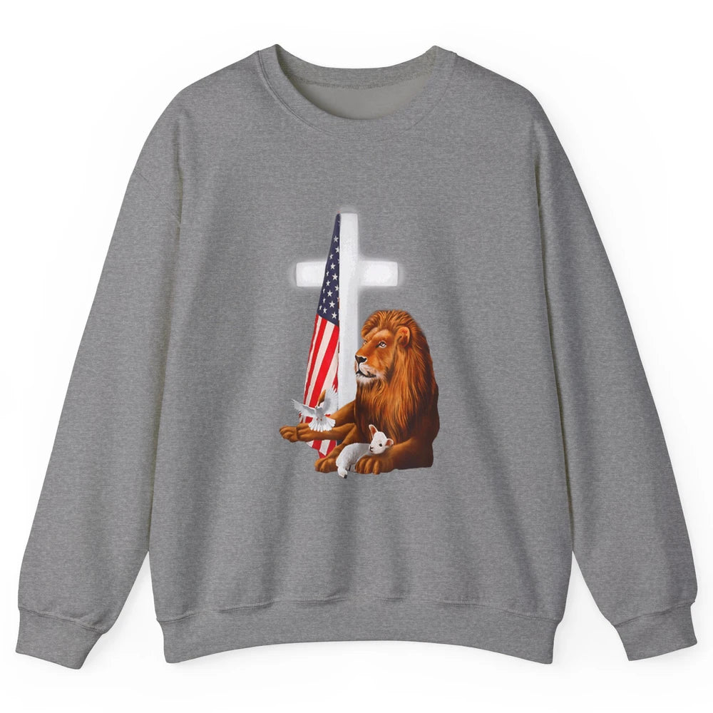 Patriotic Christian Lamb Bible Verse Lion Cross Religious Unisex Crewneck Sweatshirt