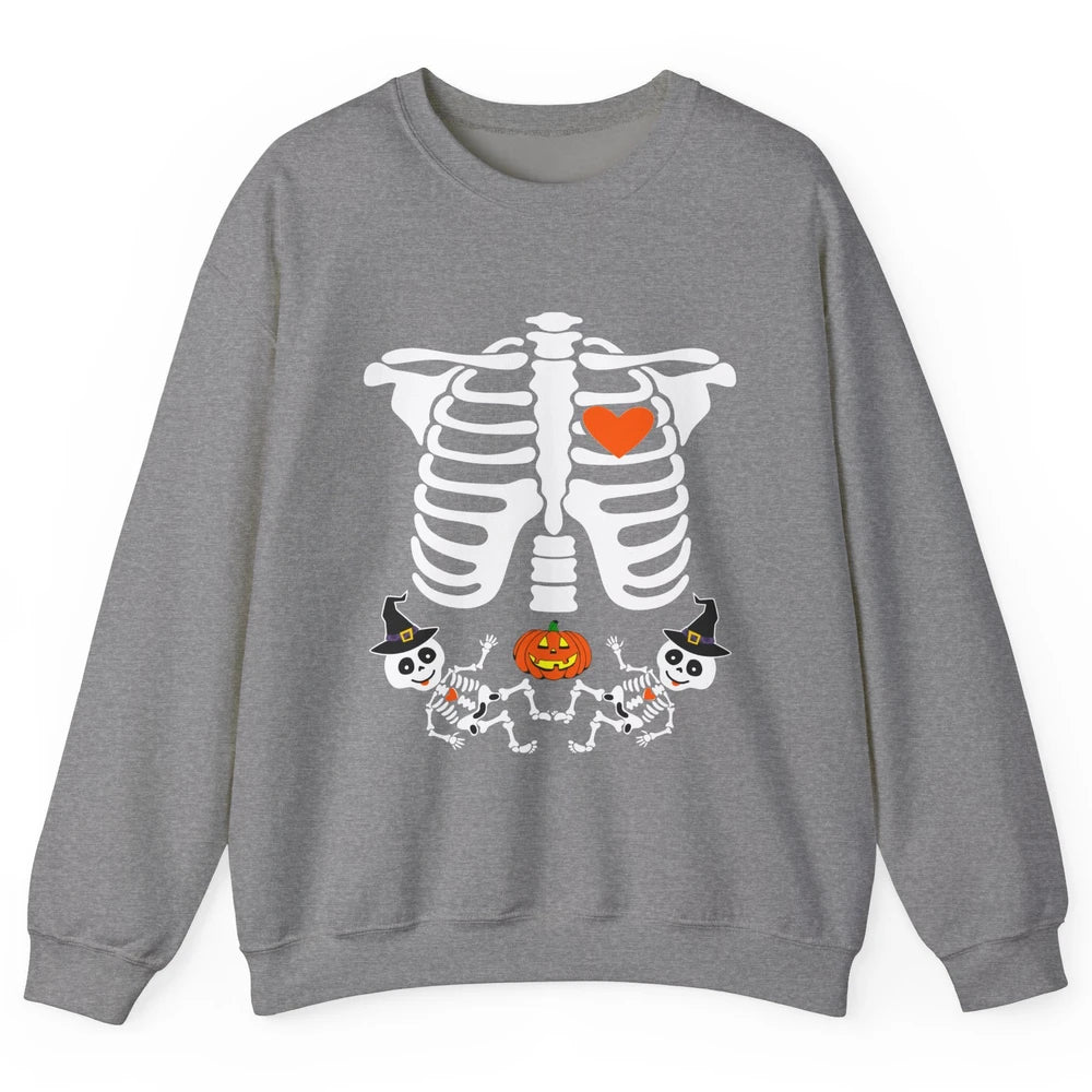 Pregnant Halloween Skeleton Baby Twins Witch Pumpkin Costume Unisex Crewneck Sweatshirt