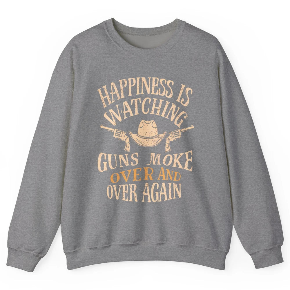 Happiness Is Watching Gunsmoke Over Retro Cowboy Hat Rodeo Howdy Western Country Unisex Crewneck Sweatshirt