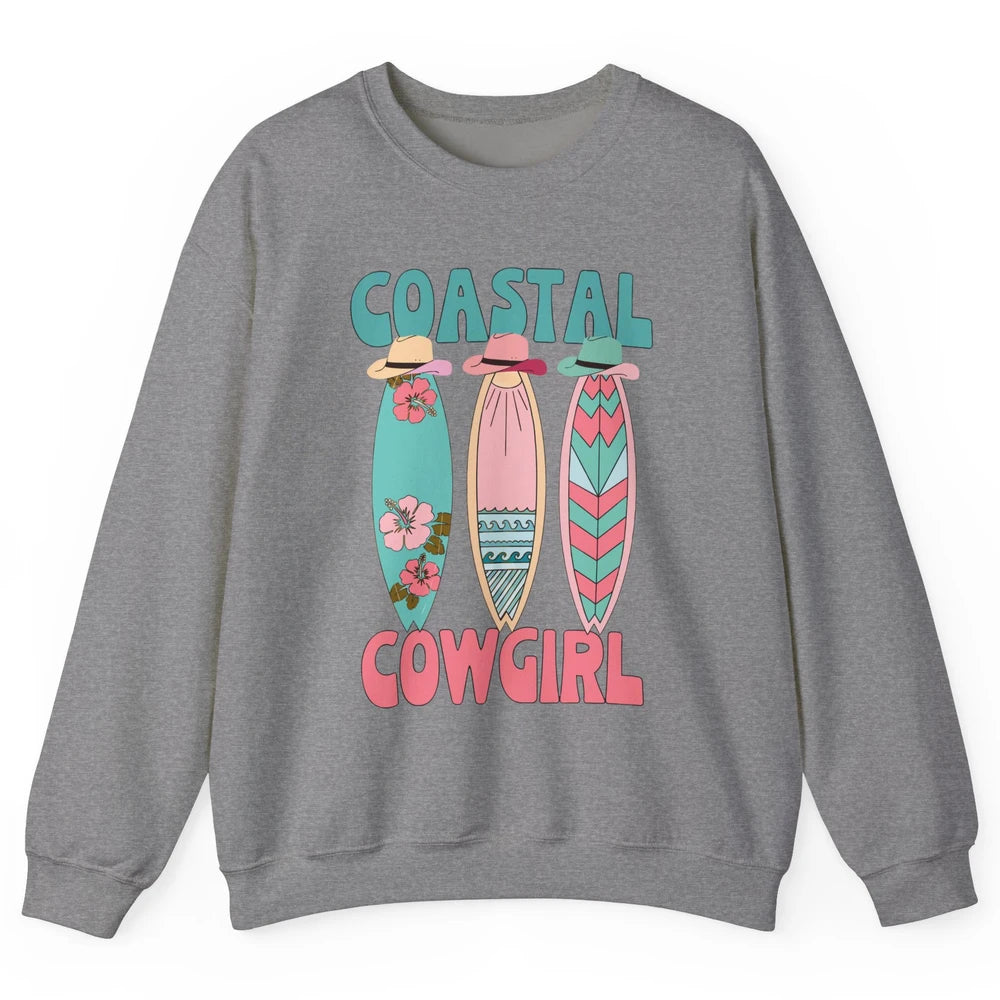 Retro Coastal Cowgirl Surfboards Western Cowgirl Beach Life Unisex Crewneck Sweatshirt