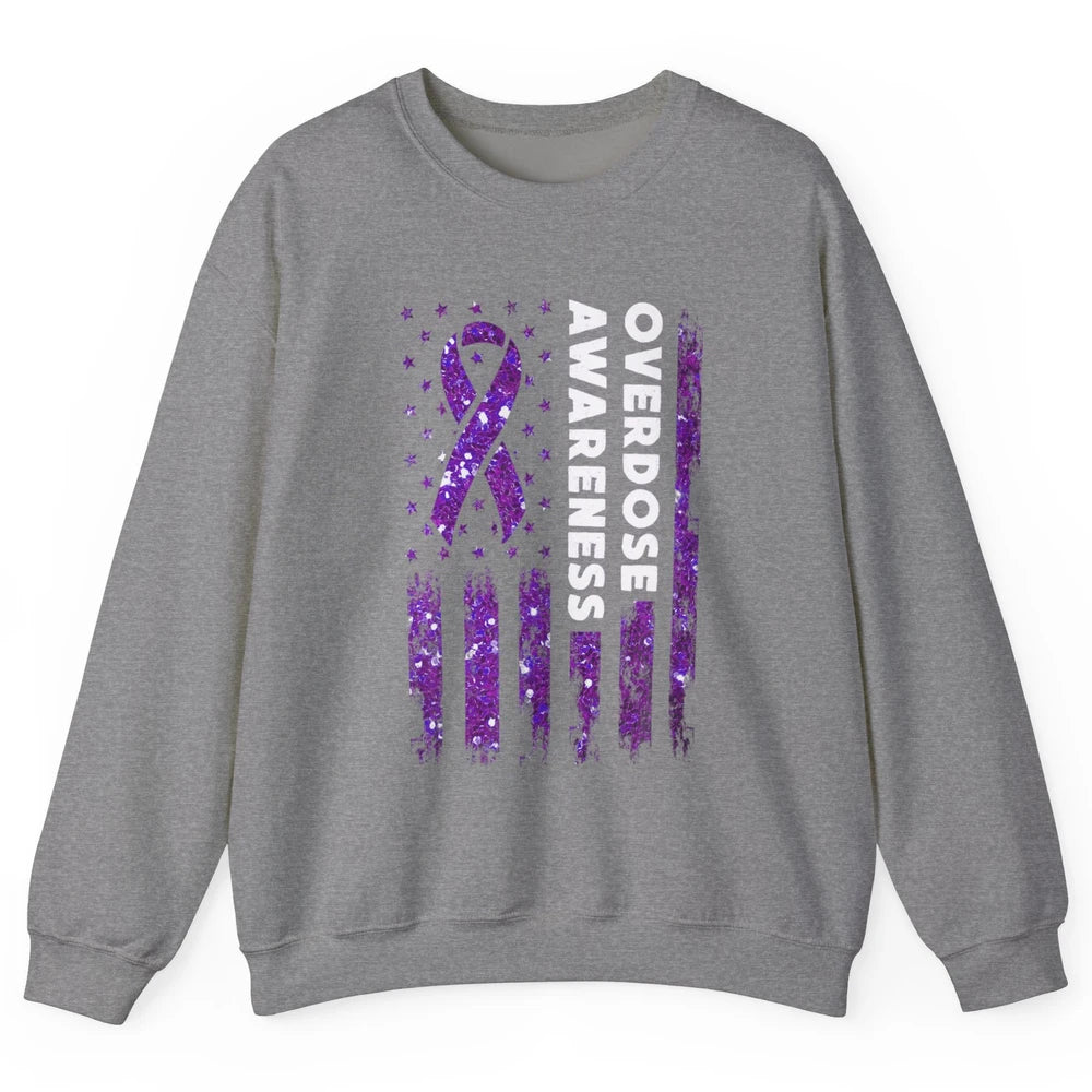 Overdose Awareness US Flag Purple Ribbon Addiction Warrior Unisex Crewneck Sweatshirt