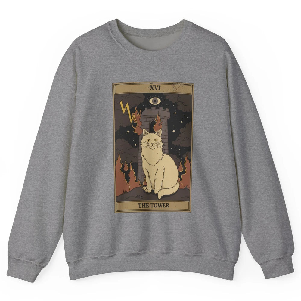 Retro Halloween Cat Witch The Tower Tarot Card Witchcraft Unisex Crewneck Sweatshirt