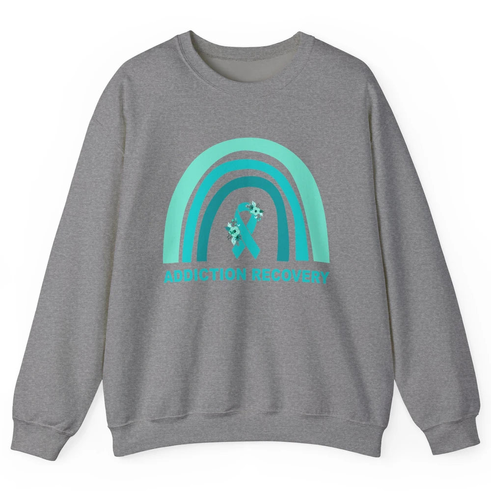 Addiction Recovery Awareness Floral Teal Ribbon Rainbow Unisex Crewneck Sweatshirt