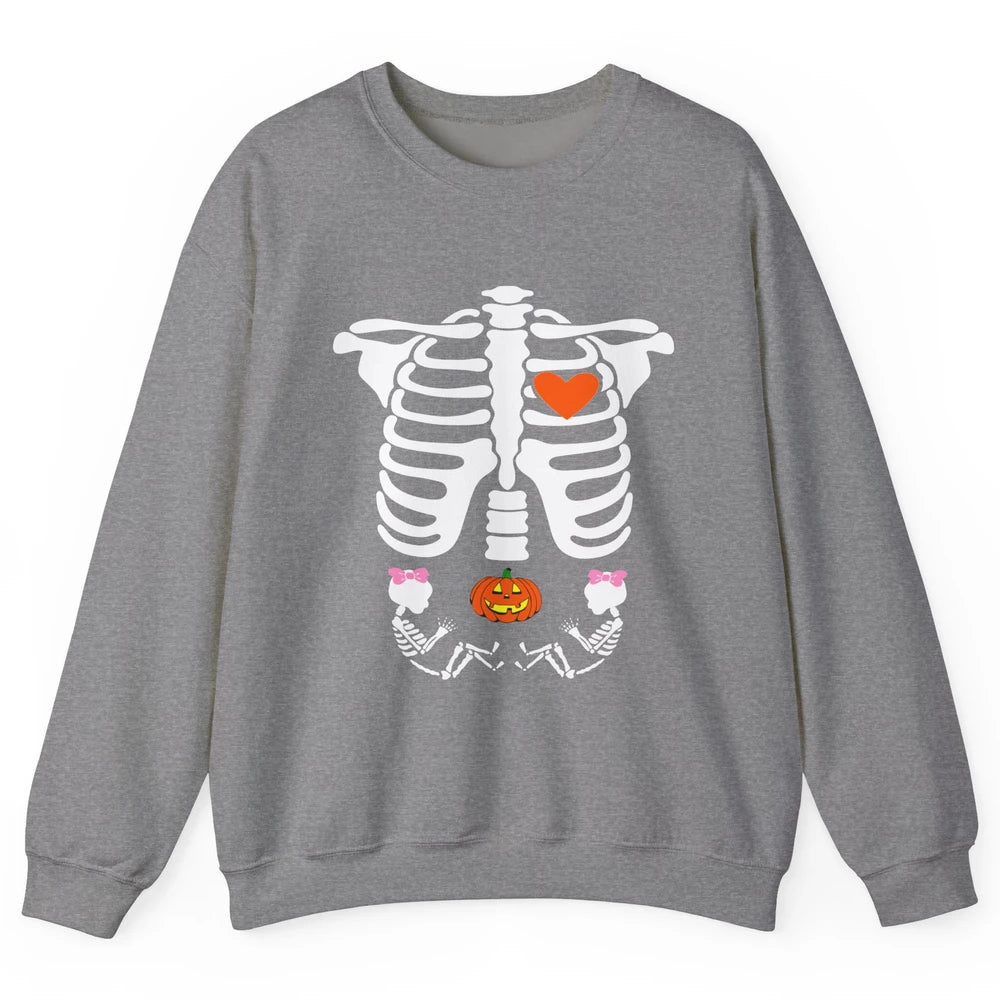 Pregnant Halloween Skeleton Baby Twins Witch Pumpkin Costume Unisex Crewneck Sweatshirt