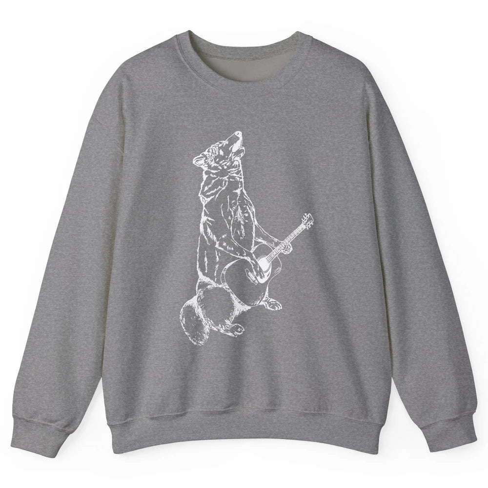 Retro Howling Wolf Playing Guitar Musician Guitarist Music Unisex Crewneck Sweatshirt