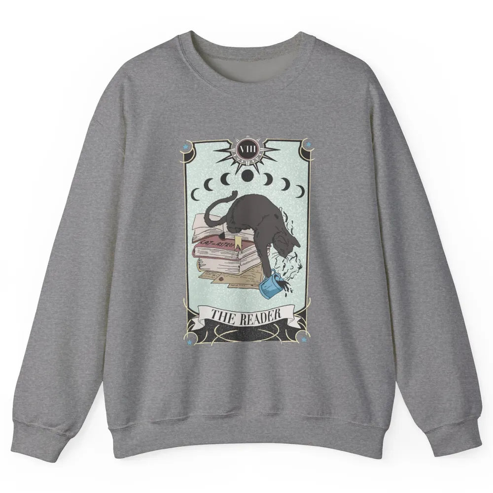 Retro Black Cat Books The Reader Tarot Card Halloween Reading Book Crescent Moon Unisex Crewneck Sweatshirt